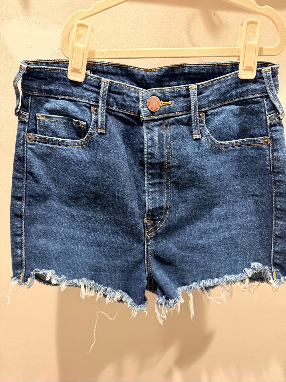 True Religion Dark Blue High-Rise Frayed Hem Denim Shorts